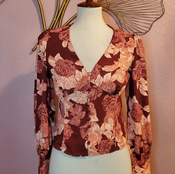 GLAMOROUS ASOS Pink Taupe Floral Print Rose Puff Sleeves Blouse 2 - Picture 2 of 7